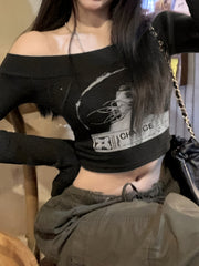 BXOXO Y2K Off Shoulder Long Sleeve Slim Crop Graphic Print T-shirt - Women's Clothing