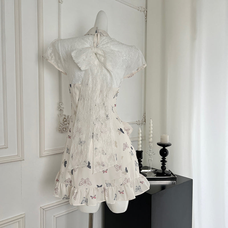 BXOXO - summer inspo Summer 2025 New Chinese Style Short-Sleeved Dress Fashionable Slimming Lace Stitching Mini Dresses
