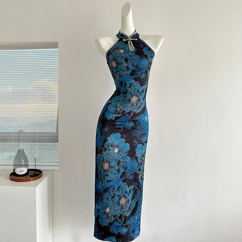 BXOXO - summer inspo New Chinese Style Improved Costume Elegant Cheongsam Jacquard Qipao Women Vintage Halter Sleeveless Slim Fit Dress