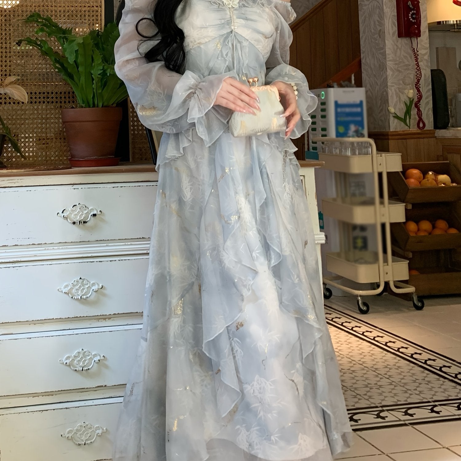 BXOXO Lavender Blue Ombre Dress - Elegant Floral Print, Long Sleeve, Off-Shoulder, A-Line Silhouette, Ruffle Detail, Polyester, Perfect for Spring & Summer