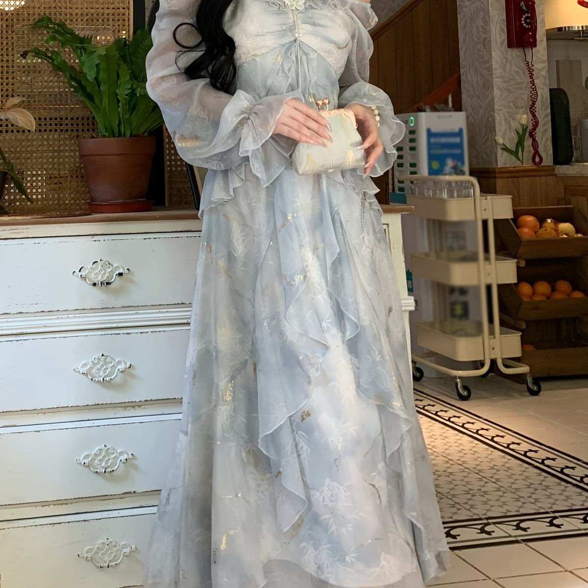 BXOXO Lavender Blue Ombre Dress - Elegant Floral Print, Long Sleeve, Off-Shoulder, A-Line Silhouette, Ruffle Detail, Polyester, Perfect for Spring & Summer