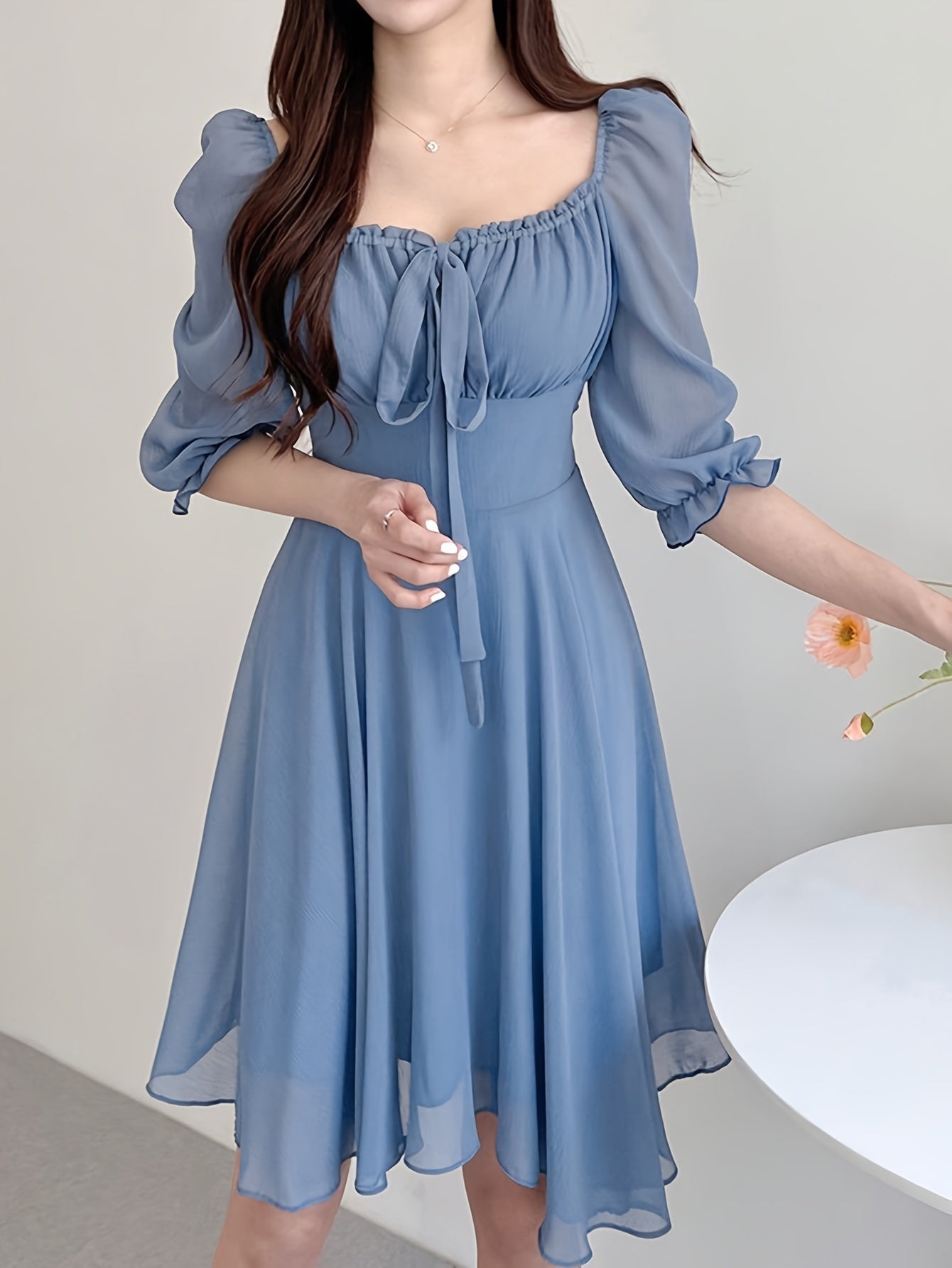 BXOXO Solid Color Square Neck Dress, Elegant Short Sleeve Tie Waist A-line Flowy Dress for Spring & Summer, Women's Clothing