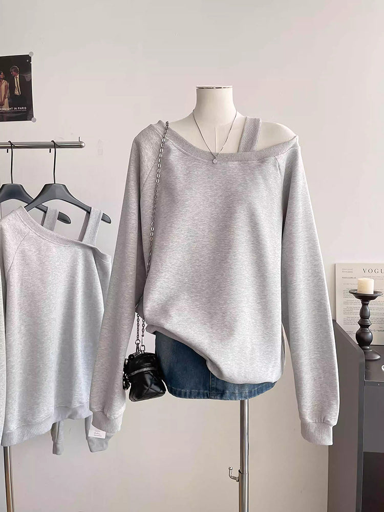 BXOXO - summer inspo Autumn New Women Loose Off Shoulder Sweatshirt Korean Lazy Style Pullover Tops Casual Versatile Solid Color Long Sleeve Tops
