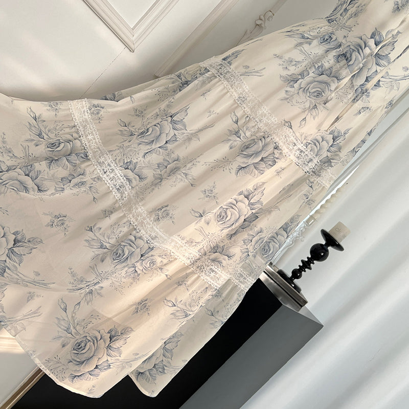 BXOXO - summer inspo Elegant Vintage Beach Long Dress Women Retro Floral Elegant Party Dresses Ladies Slim Short Sleeve Sweet Long Robe Vestidos