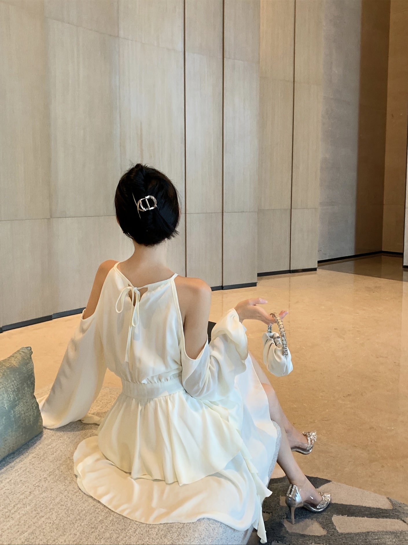 BXOXO [Elegant Off-Shoulder Dress] Elegant Off-Shoulder Ruffle Dress - Semi-Sheer, High Waist, Pleated Skirt, Polyester - Spring/Fall Fashion, Princess Sleeve
