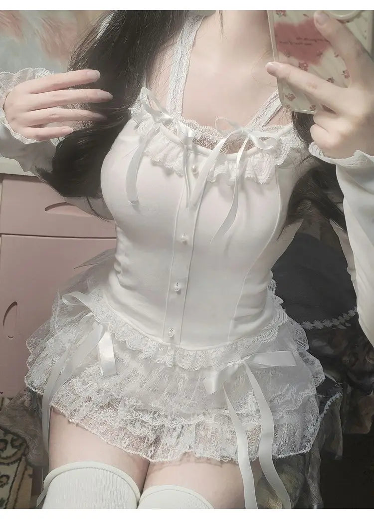BXOXO Y2k Lace Sweet Girl Korea Summer Skirts Women Clothes White MIni Skirt High waist Loose Grunge Kawaii Cute A-line Fluffy Skirt