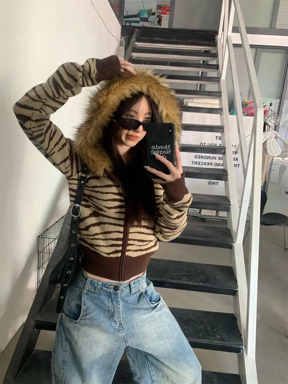 BXOXO Harajuku Zip Up Hoodies Winter Clothes Slim Streetwear Vintage Korea Punk Coats Emo Girl Fox Fur Sweatshirts Y2k Knit Hoodie Top