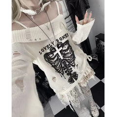 BXOXO Sweater Y2k Tops Punk Skull Gothic Women Clothes Winter Streetwear Hole Kawaii Loose Outerwears Pullovers Sweater Femme Clothing