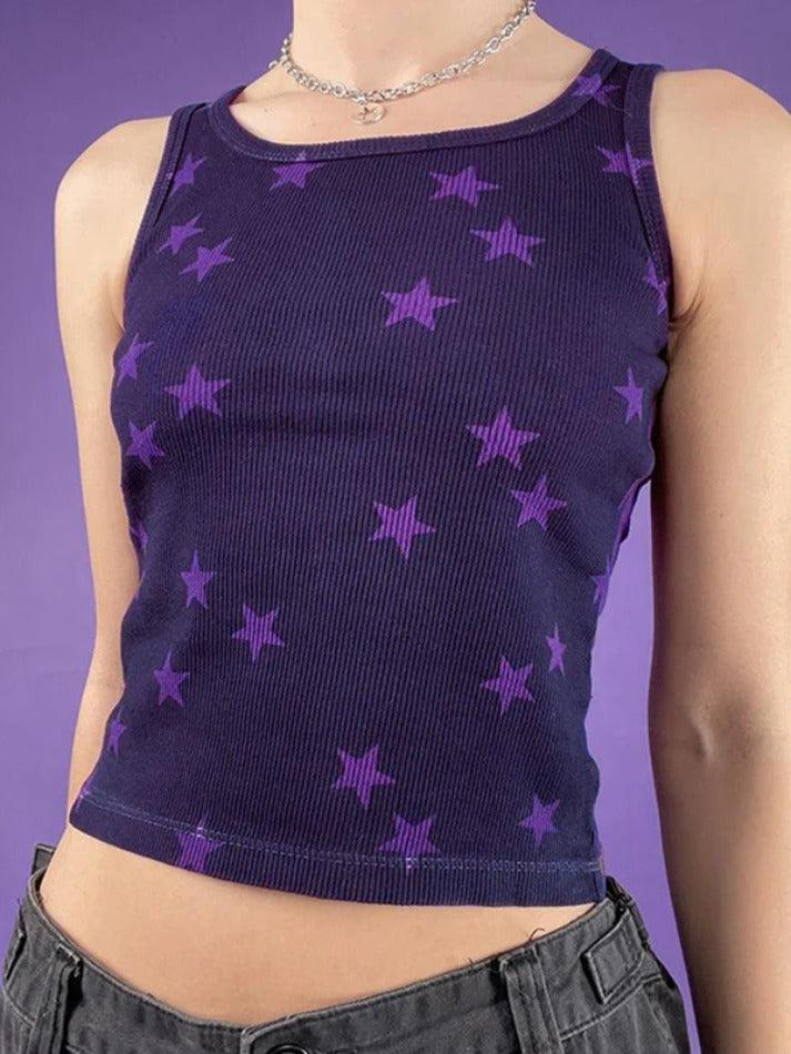 Star Print Embellished Crop Tank Top