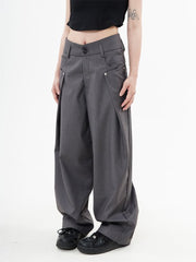 BXOXO Women Wide Leg Suit Pants Gothic Black Aesthetic Pleated Trousers Gray Oversized Y2k Korean Streetwear Harajuku Casual