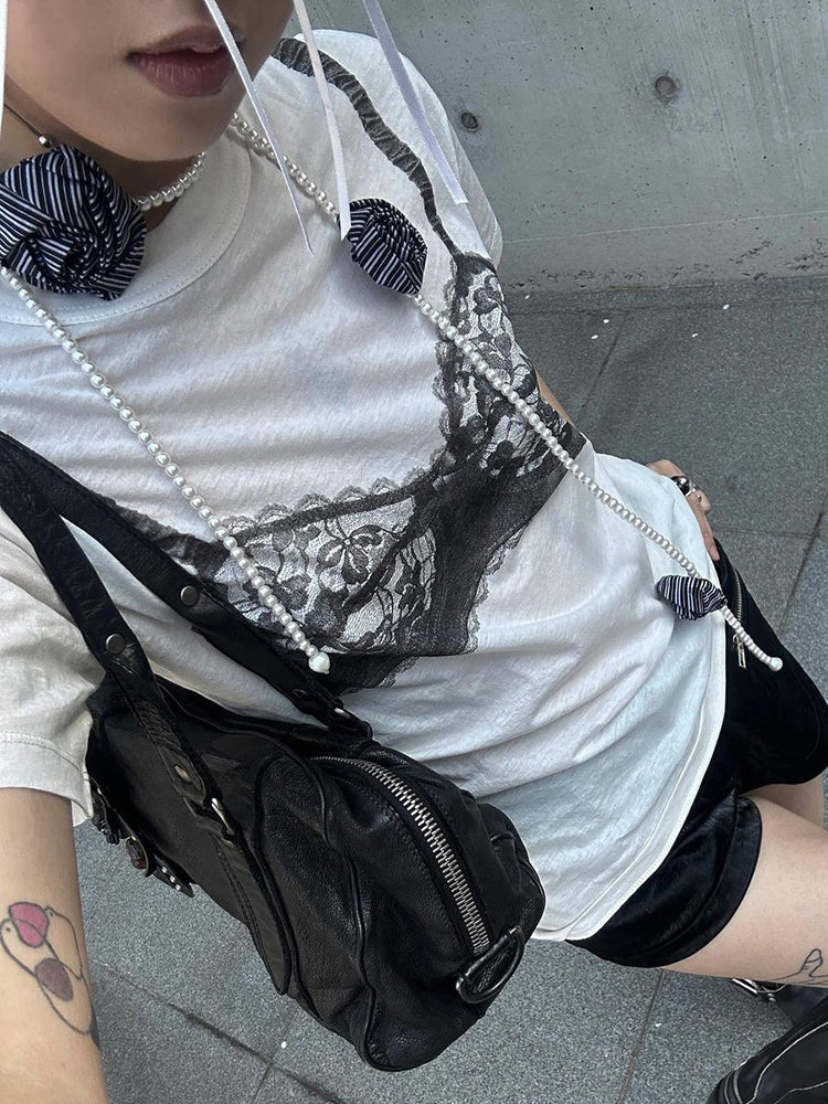 BXOXO - summer inspo Sweetown Black Lace Bra Print White Graphic T-Shirt Fashion Woman Blouse Tees O Neck Short Sleeve Casual Street Sweats Tops