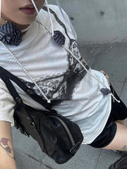 BXOXO - summer inspo Sweetown Black Lace Bra Print White Graphic T-Shirt Fashion Woman Blouse Tees O Neck Short Sleeve Casual Street Sweats Tops