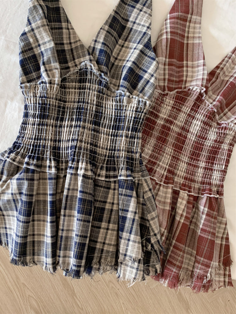 BXOXO Korea Fashion Plaid Mini Dress Women Elastic Waist V-Neck Slim Halter Pleated Dress Female Sexy Sweet College Style Clothing New