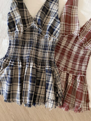 BXOXO Korea Fashion Plaid Mini Dress Women Elastic Waist V-Neck Slim Halter Pleated Dress Female Sexy Sweet College Style Clothing New