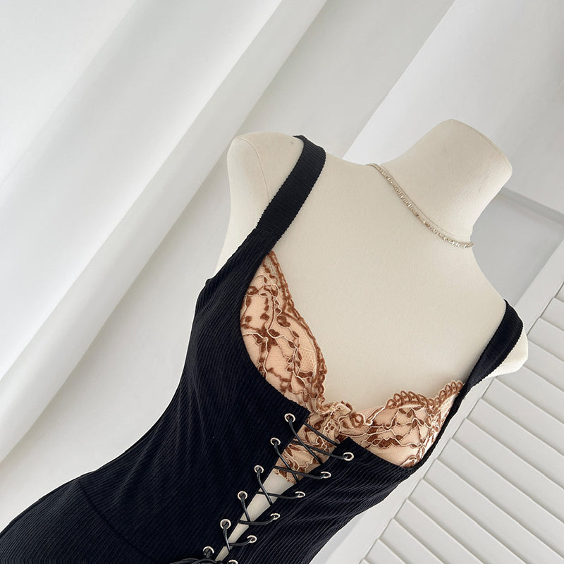 BXOXO - summer inspo French Elegant Dress Women 2025 New Lace Patchwork Suspender Dress Slimming Lace-up Midi Dress
