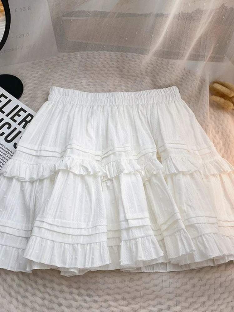 BXOXO White Irregular Ruffles Skirt Women Mini Skirts Kawaii Japanese Style Sweet Patchwork Elegant Casual Black Short Skirt