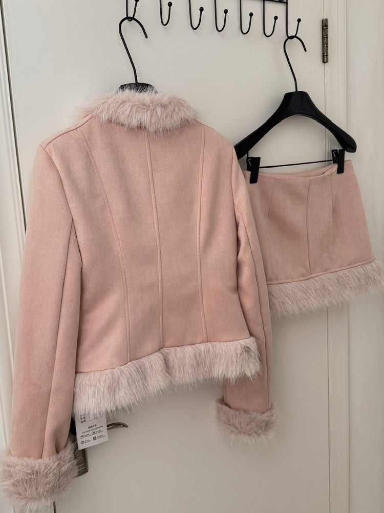 BXOXO Winter Korean Sweet Socialite Pink 2 Piece Set Women Solid Button Plush Top+Zipper Mini Skirts Female High End Warm Fashion Suit