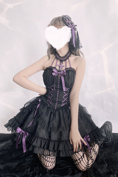 BXOXO - Black Purple Tube Top Sleeveless Blowknot Ruffled Gothic Lolita Tiered Dress