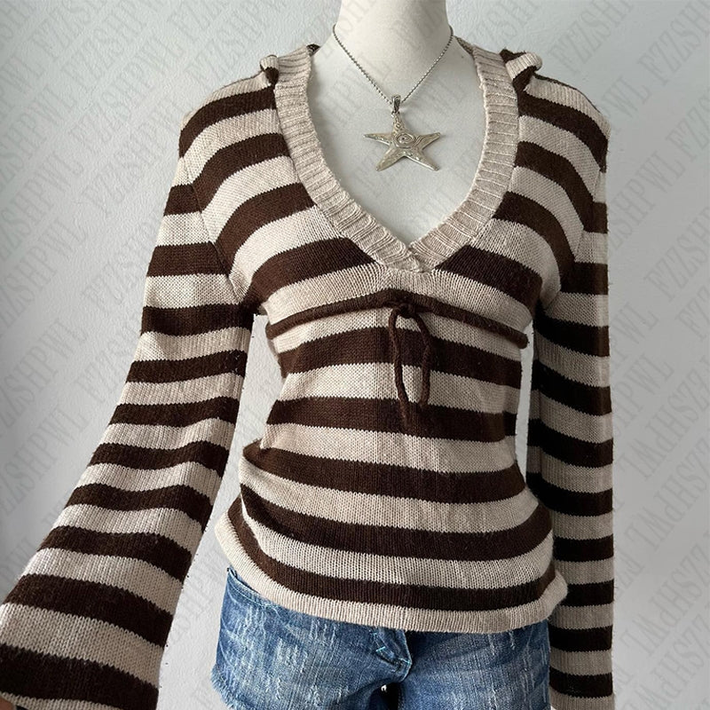 Bxoxo Vintage striped autumn and winter women's pullover sweater casual fashion chic Harajuku punk streetwear gothic slim sweater emo