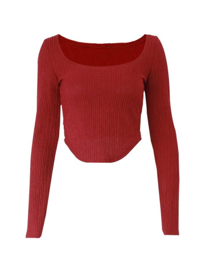 Textured Square Neck Irregular Hem Long Sleeve Tee