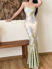 BXOXO party look inspos Fashion New Women Summer Bodycon Slim Long Dress Sleeveless Casual Floral Vintage Fishtail Vestidos Female Party Clothes Robe