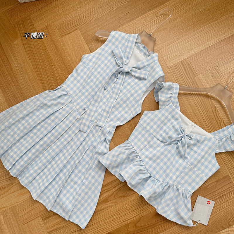 BXOXO - summer inspo French Style Blue Checkered Vacation Style Small Flying Sleeve Dress Summer Chic Design Sleeveless Dress
