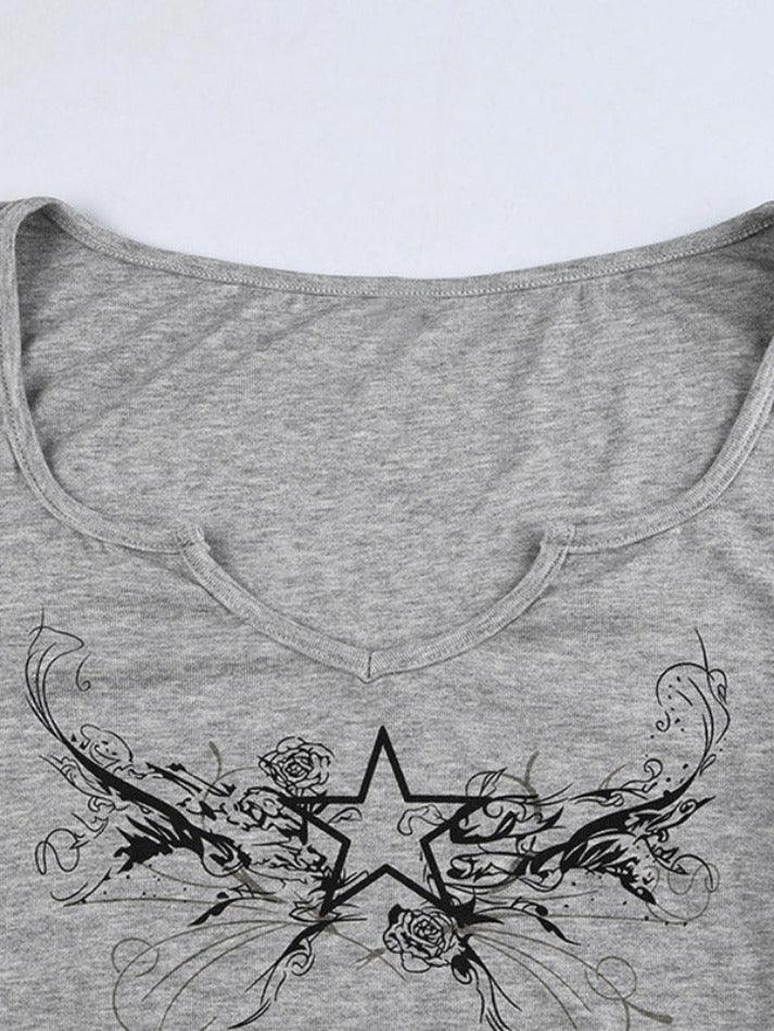 Vintage Star Print Low Cut Cropped Long Sleeve Tee