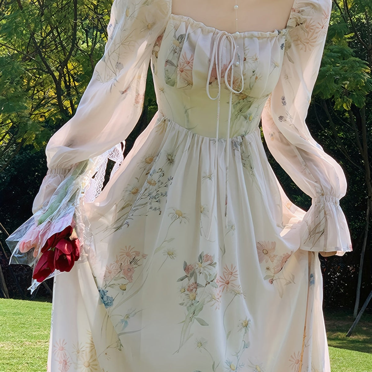 BXOXO Women's Floral Print Square Neck Chiffon Dress with Long Bell Sleeves - Mid-Length H-Line Silhouette, Smocked Detailing & Flowy Umbrella Hem for Casual to Formal Occasions, Floral Print Dress