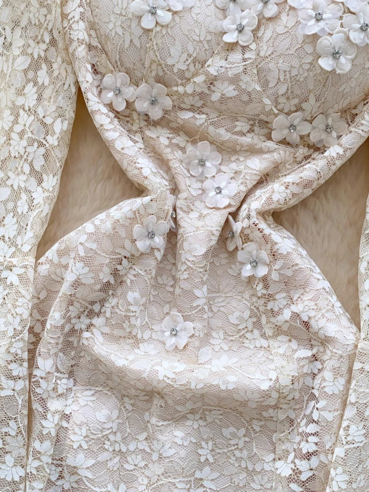 BXOXO Spring France Elegant Vintage High End Evening Dress Women 3D Flower Lace Hollow Out Party Dress Female Casual Chic Clothing New