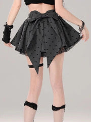 BXOXO Sweet Bow Pleated Skirt Women Kawaii Lace Patchwork Mini Skirts Lolita Japanese Style Cute Gray Dot Print Short Skirts