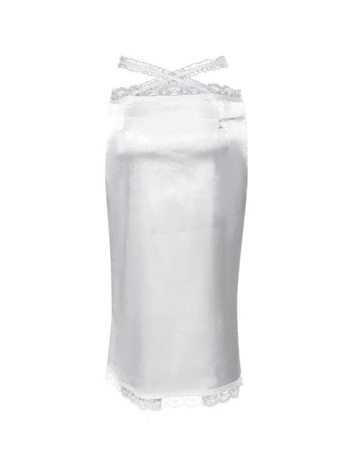 Lace Trim Splice Slim Midi Skirt