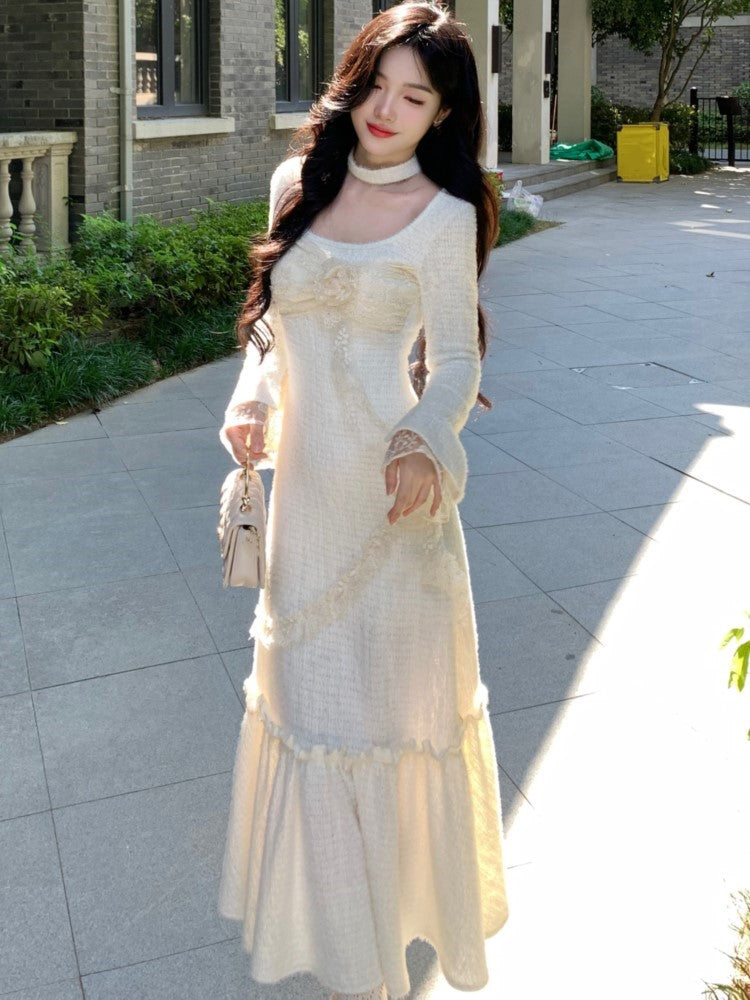 BXOXO party look inspos Elegant Floral Womens Dresses Flare Sleeves Lace Patchwork Birthday Party Dress Autumn Winter Female One Piece Vestidos Robe New