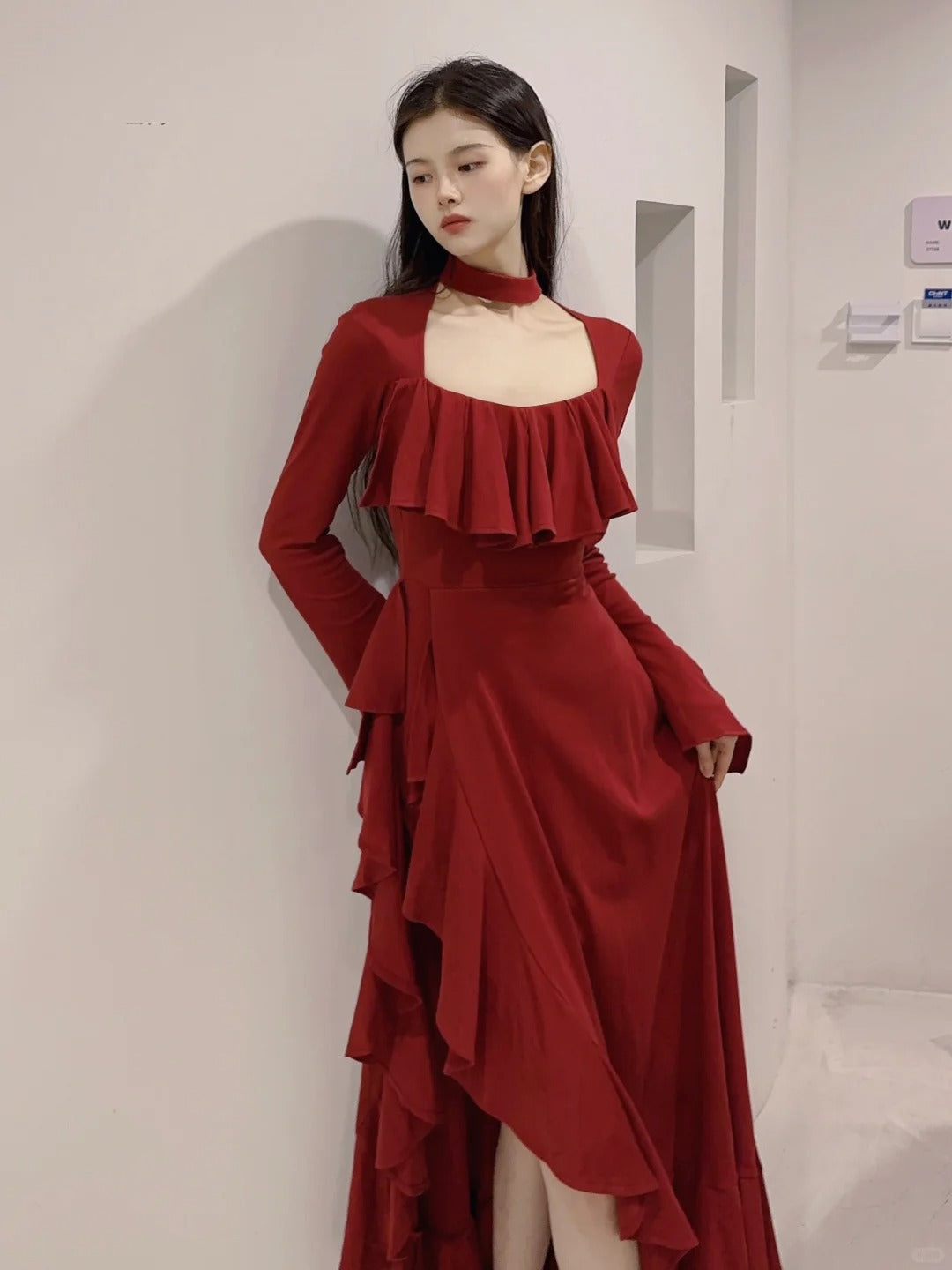 BXOXO party look inspos Spring Red Vintage Elegant Dress Women Flare Sleeve Designer Sweet Long Dress Female Ruffles Retro Princess Irregular Dress