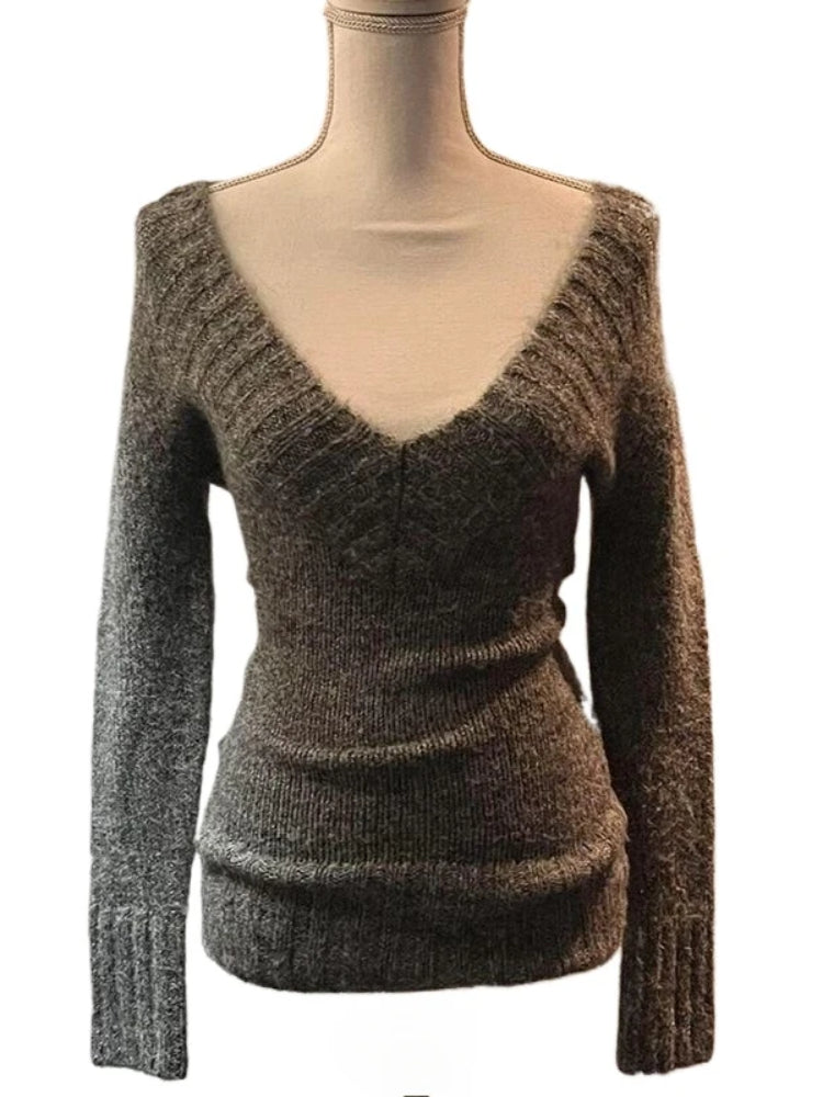 BXOXO Sexy Vintage V-neck Knitted Pullovers Women Retro Y2k Preppy Sweaters Mujer Autumn Fashion Long Sleeve Pullovers Slim