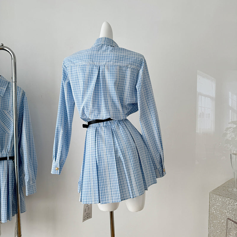 BXOXO - summer inspo Women Fashion Dress Autumn New Plaid High Waist Long Sleeves Vintage Shirt Dress Temperament Casual Dress