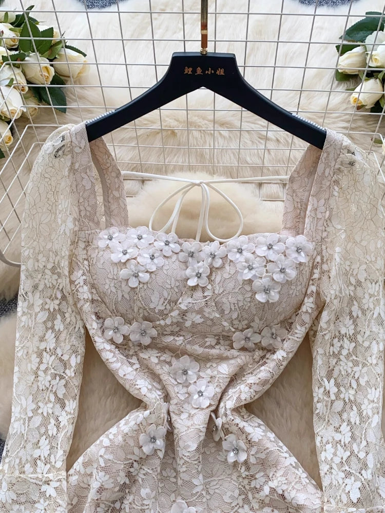 BXOXO Spring France Elegant Vintage High End Evening Dress Women 3D Flower Lace Hollow Out Party Dress Female Casual Chic Clothing New