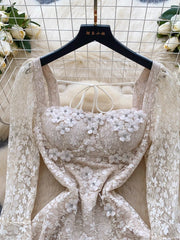 BXOXO Spring France Elegant Vintage High End Evening Dress Women 3D Flower Lace Hollow Out Party Dress Female Casual Chic Clothing New