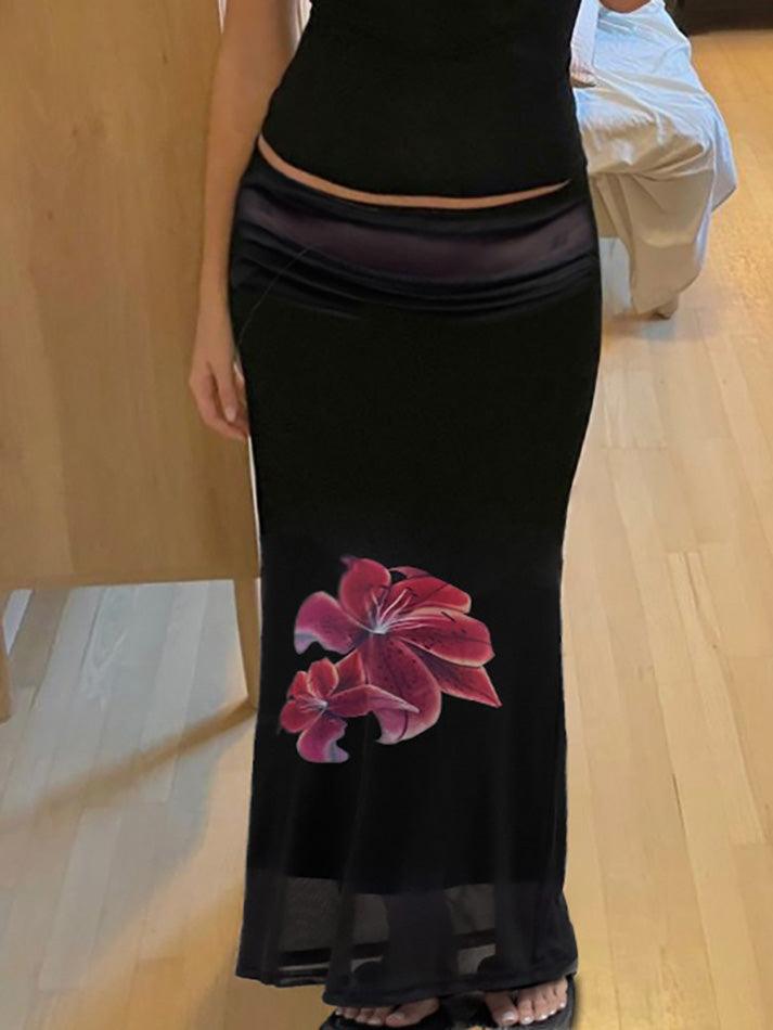 BXOXO - Vintage Floral Print Double-Layer Mesh Maxi Skirts