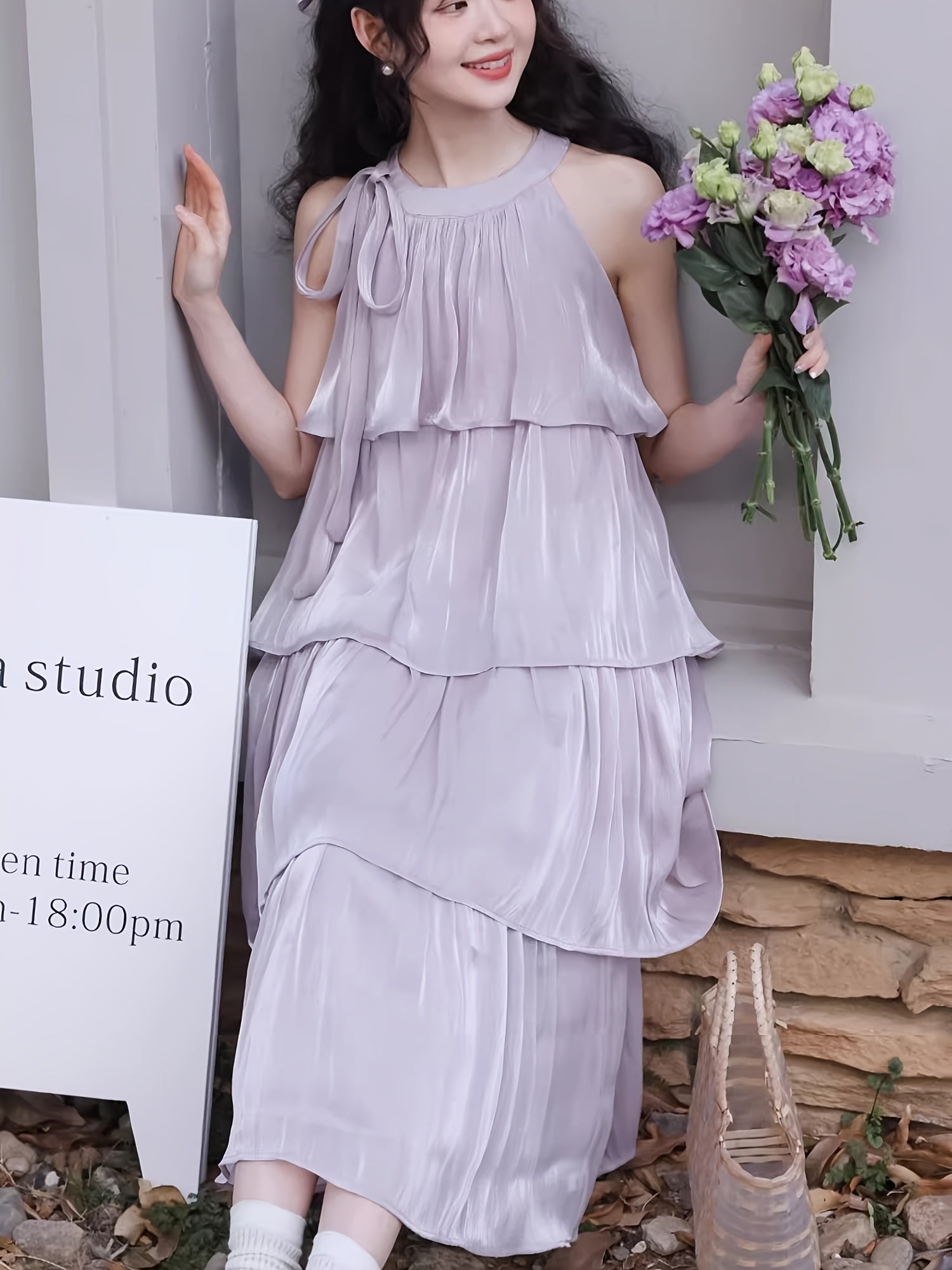 BXOXO 1pc Elegant French Halter Neck Off-Shoulder Cake Suspender Skirt Dress for Women - Summer New Casual Seaside Vacation Dress, Polyester, Round Neck, Sleeveless, Layered Cake Design, Mid-Length, Loose Fit, A-Line, Lightwe