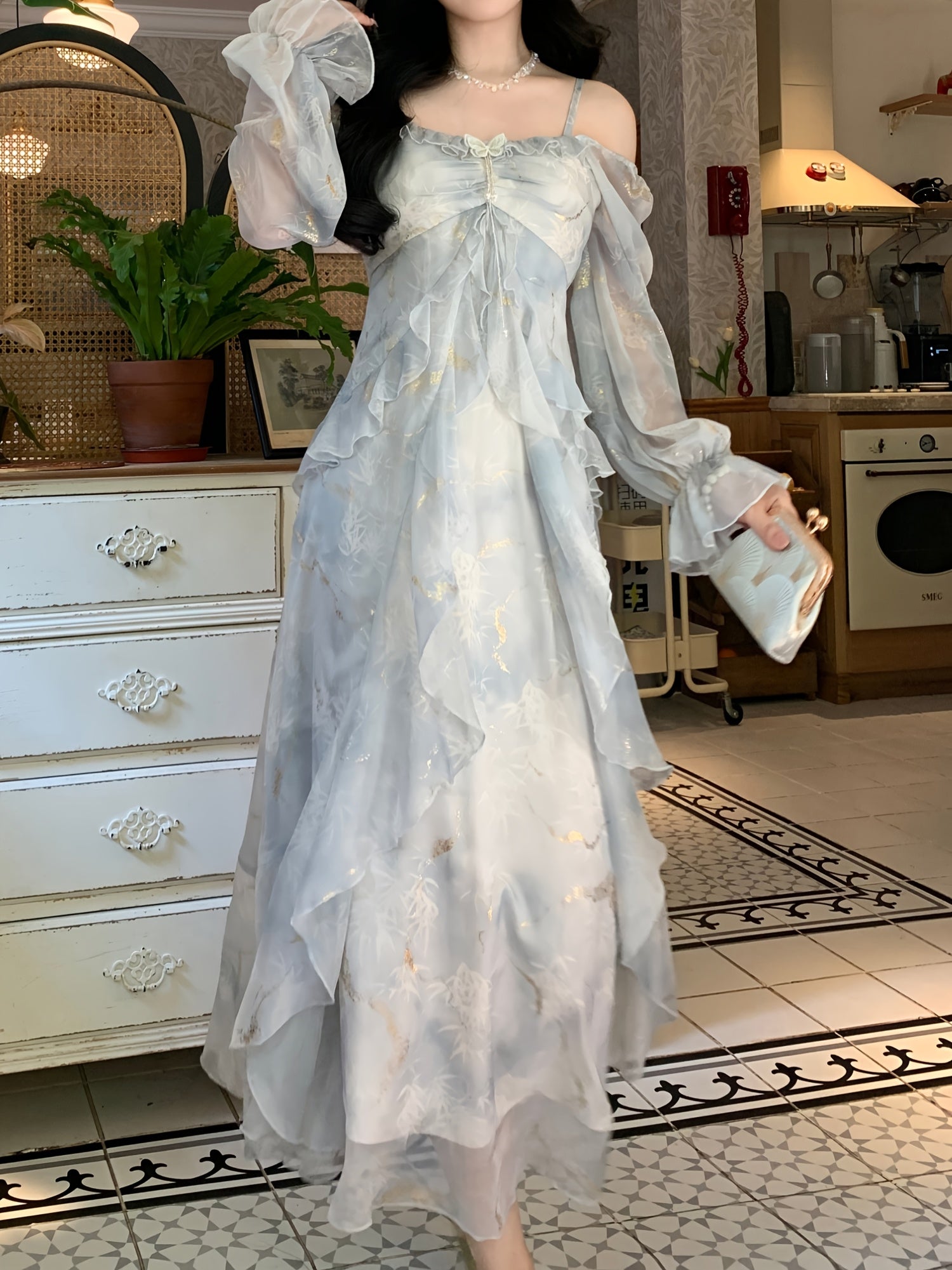 BXOXO Lavender Blue Ombre Dress - Elegant Floral Print, Long Sleeve, Off-Shoulder, A-Line Silhouette, Ruffle Detail, Polyester, Perfect for Spring & Summer
