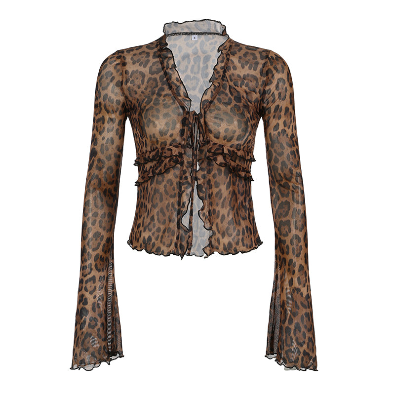 BXOXO - summer inspo Leopard Print Lace-Up Blouse Shirts Women Semi-Sheer Mesh Elegant Fashion Sexy Flared Sleeve Ruffled Cardigan Tops