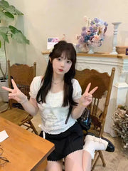 BXOXO Y2k Top Lace White Slim Kawaii Cute Women Clothes T shirt Suit Harajuku Sexy Sweet Girl Japanese Grunge Crop Top 2000s Tshirts