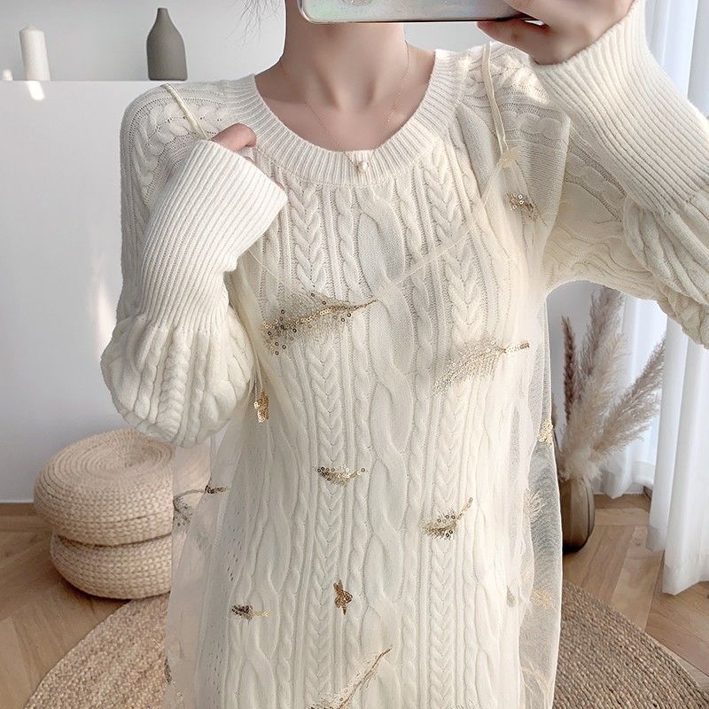 BXOXO party look inspos Korean Slim Knit Sweater Dress Women Knitted Mesh Spaghetti Strap Dress Female Long Sleeve Winter Autumn Dress