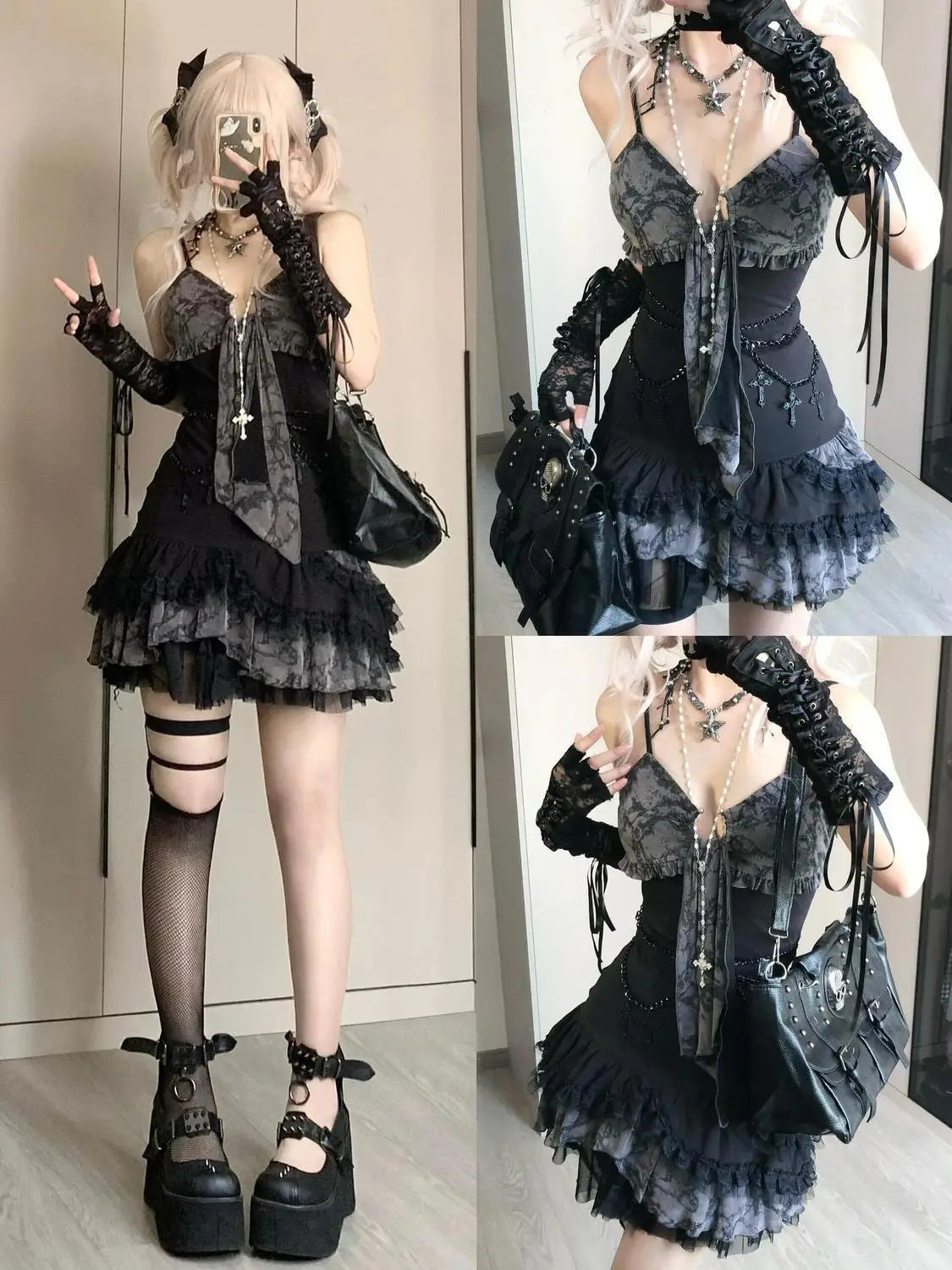 BXOXO Goth Summer Sexy Dress Women Clothes Punk Streetwear Lace Sling Black Dark Slim short Dresses Hot Girl High Waist Y2k Mini Dress