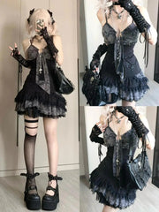 BXOXO Goth Summer Sexy Dress Women Clothes Punk Streetwear Lace Sling Black Dark Slim short Dresses Hot Girl High Waist Y2k Mini Dress