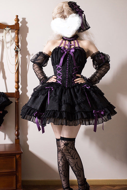 BXOXO - Black Purple Tube Top Sleeveless Blowknot Ruffled Gothic Lolita Tiered Dress