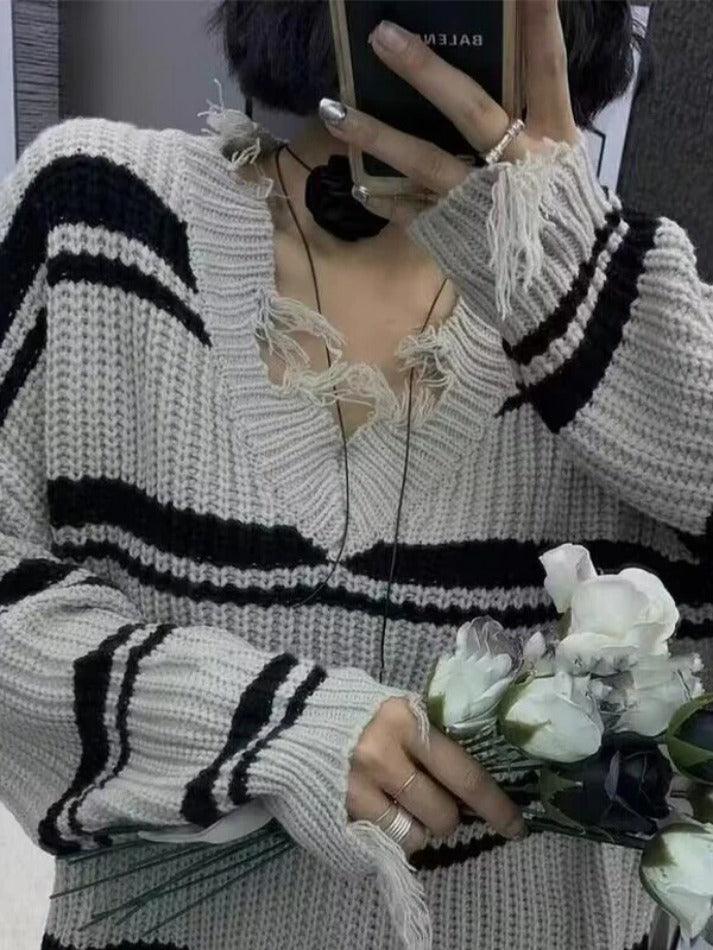 Striped V Neck Frayed Tassel Knit Sweater