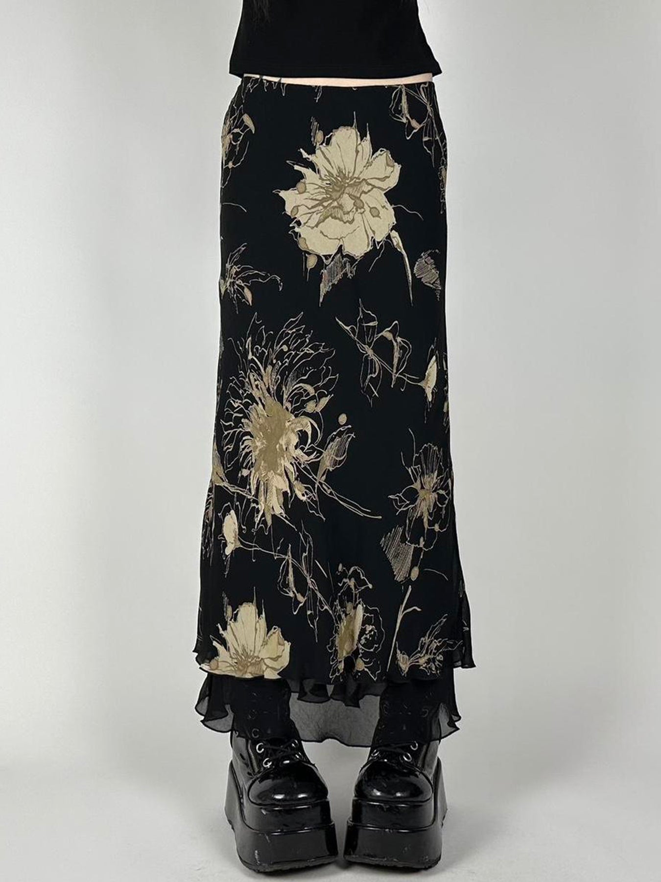 BXOXO - summer inspo Floral Print Two Layers Mesh Long Skirts For Women Vintage Elagant Fashion Low Waist Y2K Mermaid Skirt Vacation