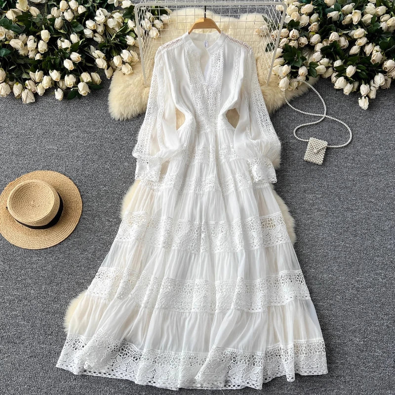 BXOXO Autumn Frence Elegant Embroidery Dress Women Chic Splice V Neck Long Sleeve Clothes New Aesthetic Evening Party Retro Dresses