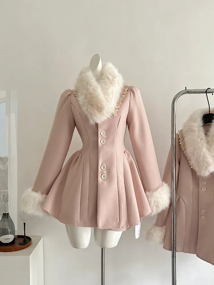 BXOXO French Elegant Socialite High End Luxury Dress Women Single Breasted Plush Slim Short Dress Casual Chic Warm Female Clothing New